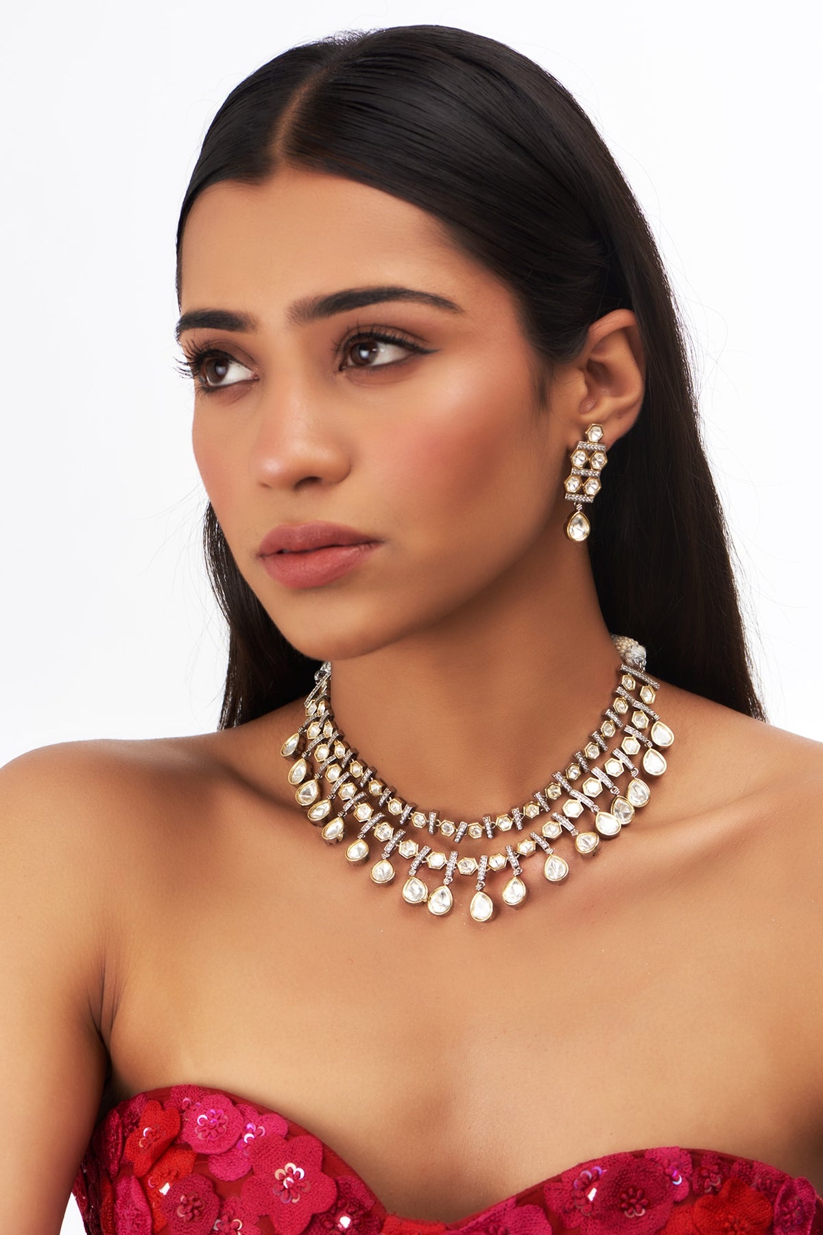 White Gold Finish Kundan Polki Necklace Set