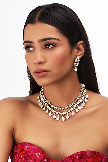 White Gold Finish Kundan Polki Necklace Set