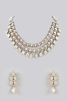 White Gold Finish Kundan Polki Necklace Set