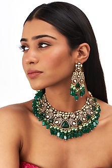 Gold Finish Green Kundan Polki & Pearl Necklace Set