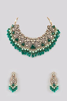 Gold Finish Green Kundan Polki & Pearl Necklace Set