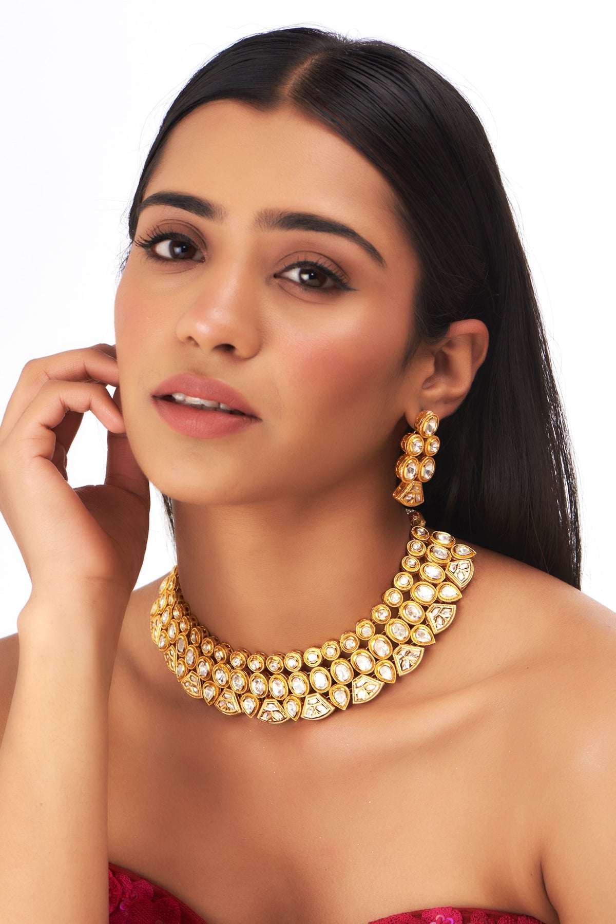 Gold Finish Kundan Polki Necklace Set