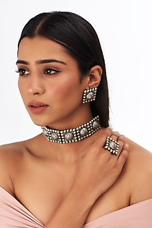 Black Rhodium Finish Grey Stone Choker Necklace Set