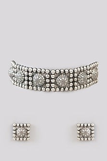 Black Rhodium Finish Grey Stone Choker Necklace Set