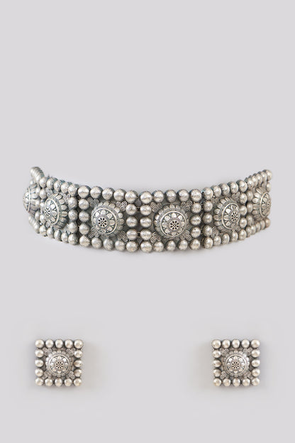 Black Rhodium Finish Grey Stone Choker Necklace Set