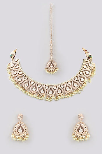 Gold Finish Kundan Polki Necklace Set