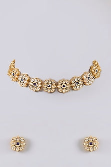 Gold Finish Ruby Stone Floral Choker Necklace Set