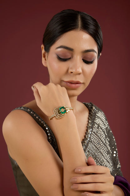 Gold Finish Kundan Polki & Emerald Stone Bracelet