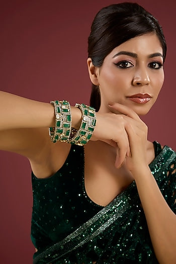 Gold Finish Kundan Polki & Emerald Stone Bangles (Set Of 2)