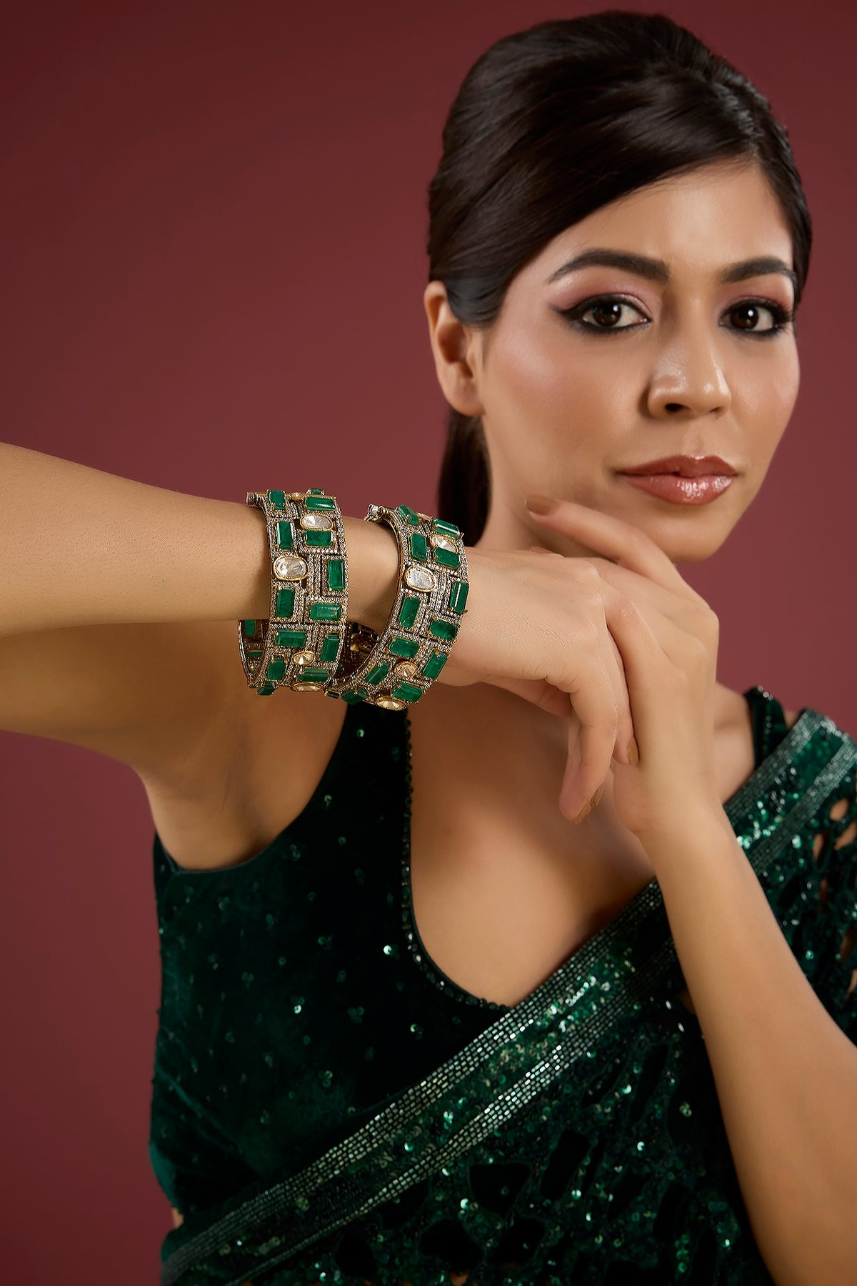 Gold Finish Kundan Polki & Emerald Stone Bangles (Set Of 2)