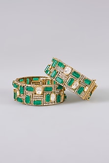 Gold Finish Kundan Polki & Emerald Stone Bangles (Set Of 2)