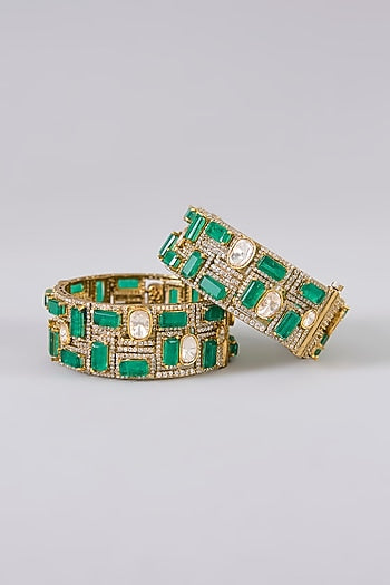 Gold Finish Kundan Polki & Emerald Stone Bangles (Set Of 2)