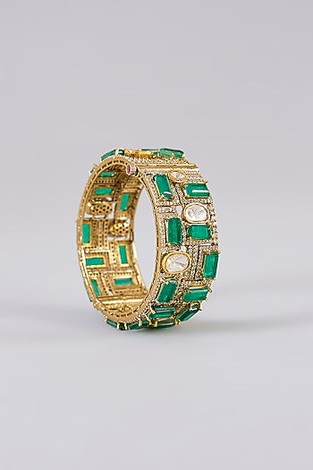 Gold Finish Kundan Polki & Emerald Stone Bangles (Set Of 2)