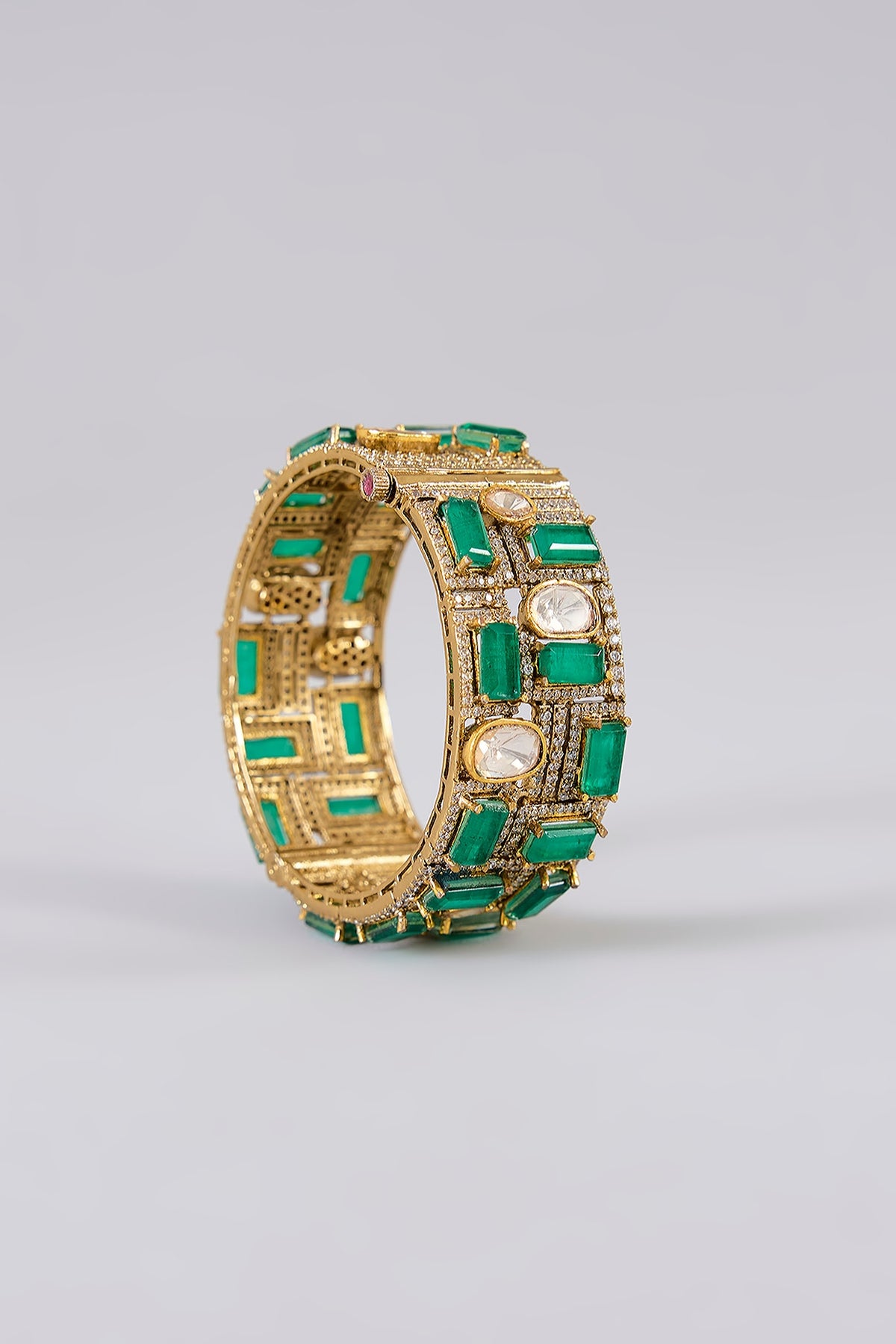 Gold Finish Kundan Polki & Emerald Stone Bangles (Set Of 2)