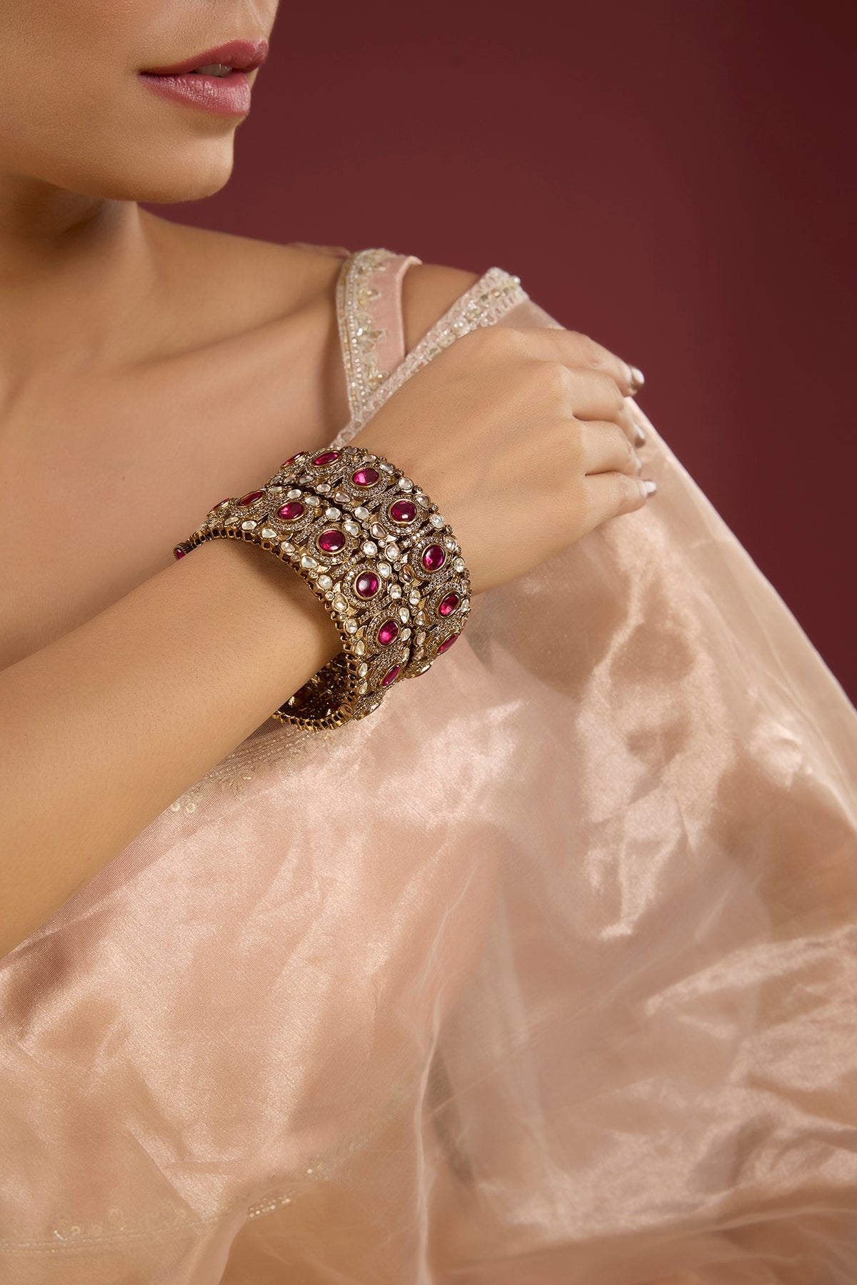Gold Finish Kundan Polki & Ruby Stone Bangles (Set Of 2)