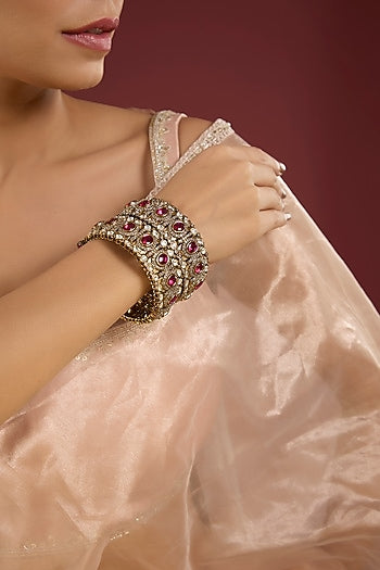 Gold Finish Kundan Polki & Ruby Stone Bangles (Set Of 2)