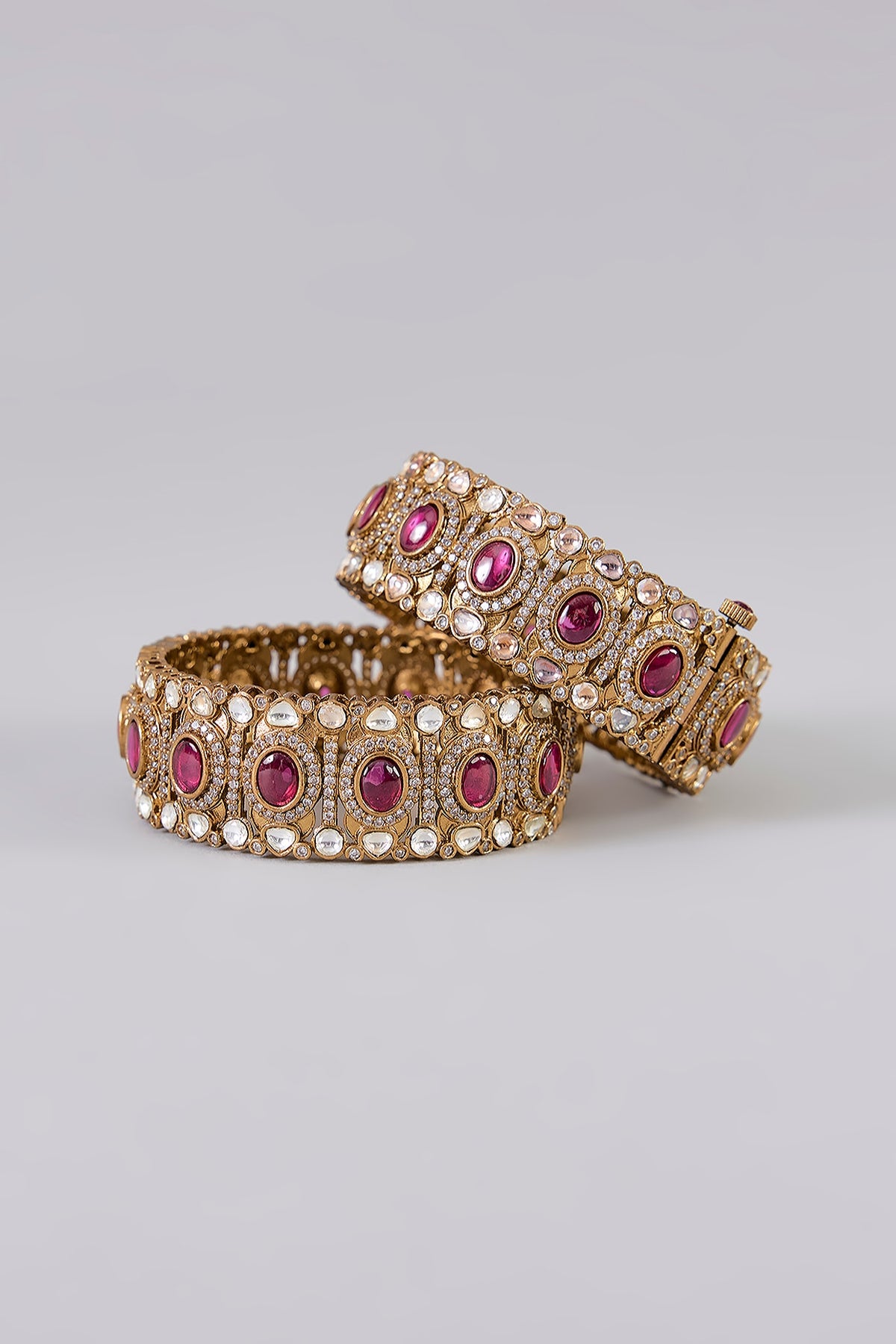 Gold Finish Kundan Polki & Ruby Stone Bangles (Set Of 2)