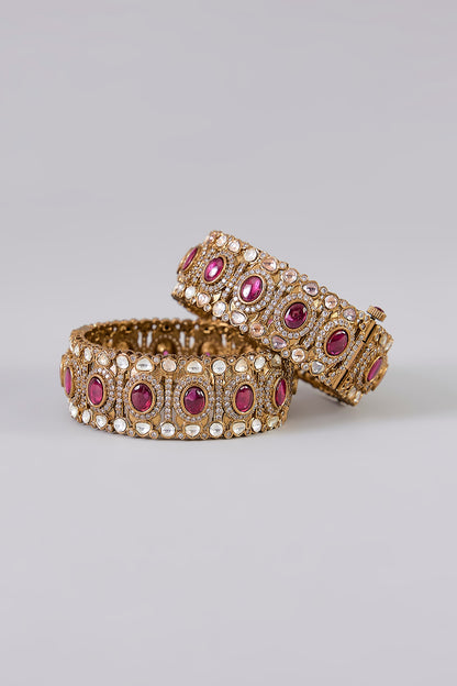 Gold Finish Kundan Polki & Ruby Stone Bangles (Set Of 2)
