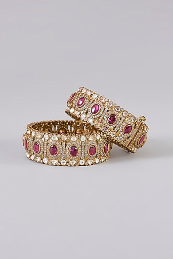 Gold Finish Kundan Polki & Ruby Stone Bangles (Set Of 2)