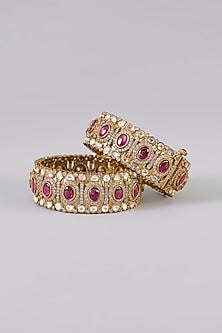 Gold Finish Kundan Polki & Ruby Stone Bangles (Set Of 2)