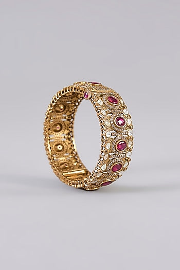 Gold Finish Kundan Polki & Ruby Stone Bangles (Set Of 2)
