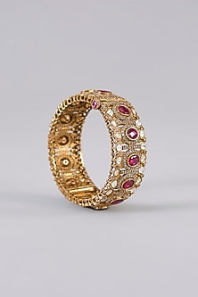 Gold Finish Kundan Polki & Ruby Stone Bangles (Set Of 2)