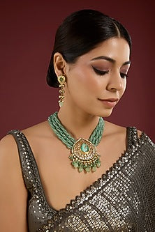 Gold Finish Green Beaded Long Necklace Set