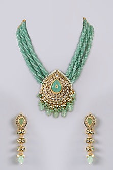 Gold Finish Green Beaded Long Necklace Set