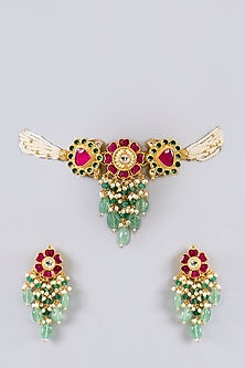 Gold Finish Ruby & Emerald Stone Necklace Set