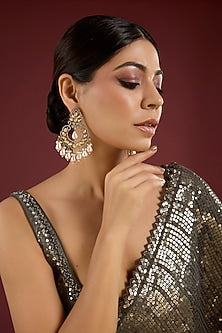 Gold Finish Kundan Polki & Pink Pearl Drop Chandbali Earrings