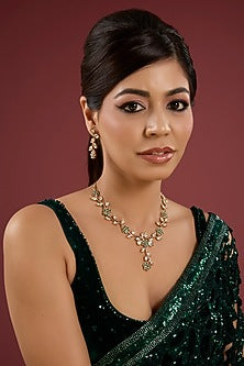 Gold Finish Green & White Stone Floral Necklace Set