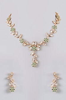 Gold Finish Green & White Stone Floral Necklace Set