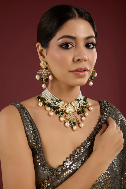 Gold Finish Pearl & Emerald Green Beaded Choker Necklace Set
