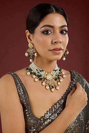 Gold Finish Pearl & Emerald Green Beaded Choker Necklace Set