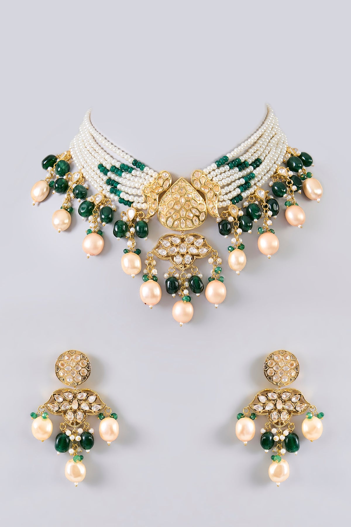 Gold Finish Pearl & Emerald Green Beaded Choker Necklace Set