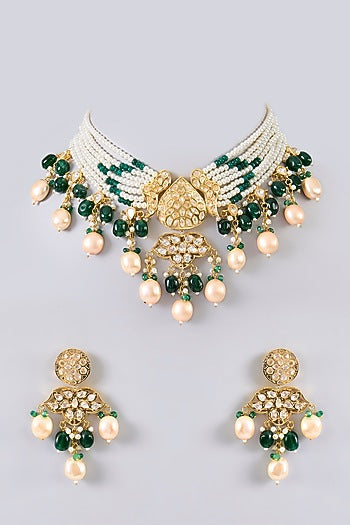 Gold Finish Pearl & Emerald Green Beaded Choker Necklace Set