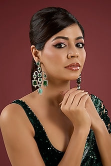 White Finish Diamond & Emerald Gemstone Chandelier Earrings