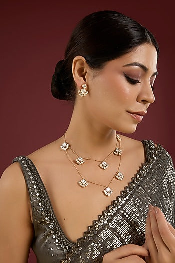 White Finish Kundan Polki & Pearl Layered Necklace Set