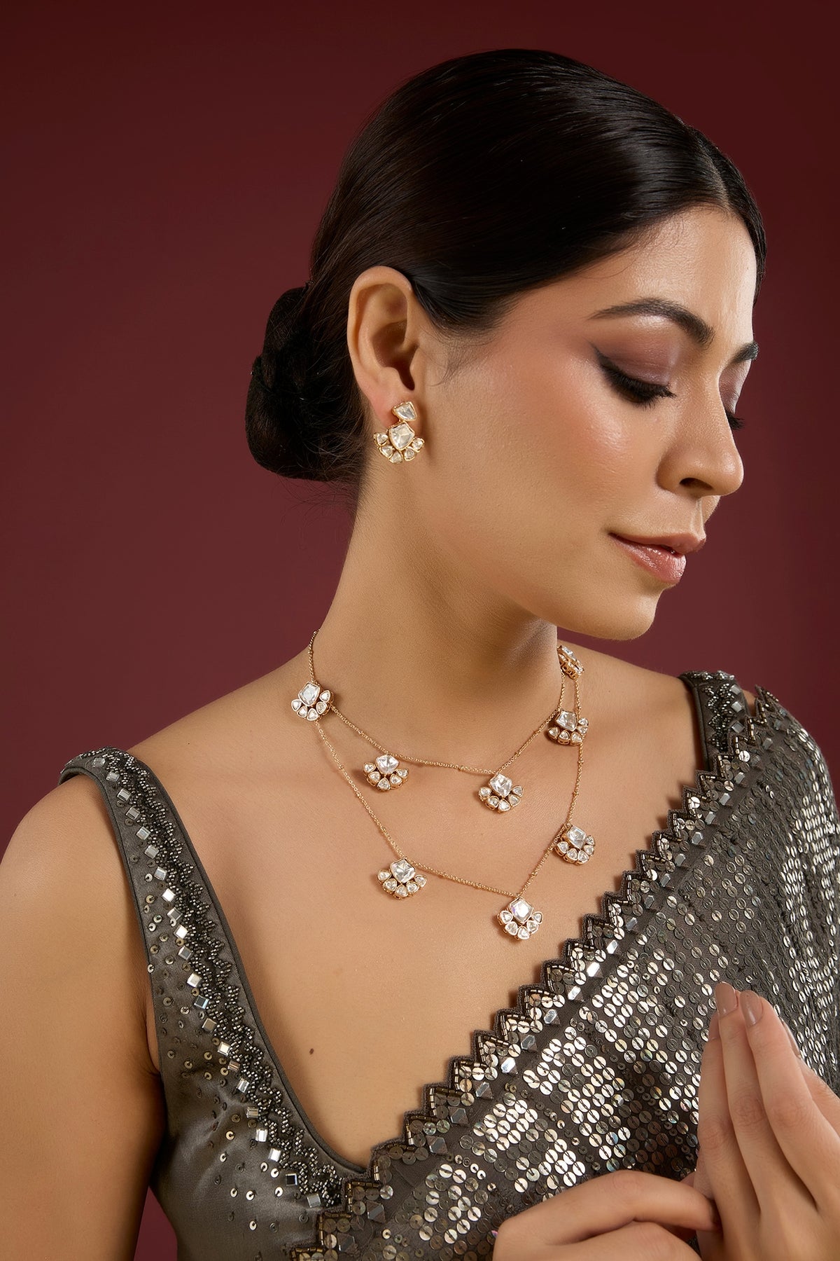 White Finish Kundan Polki & Pearl Layered Necklace Set