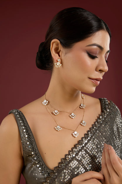 White Finish Kundan Polki & Pearl Layered Necklace Set