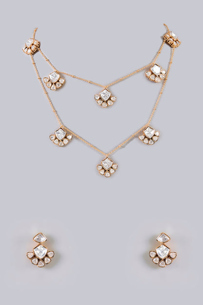 White Finish Kundan Polki & Pearl Layered Necklace Set