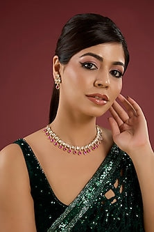 Gold Finish Pearl & Pink Stone Necklace Set