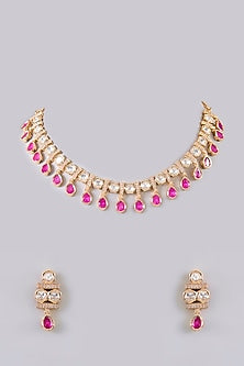 Gold Finish Pearl & Pink Stone Necklace Set