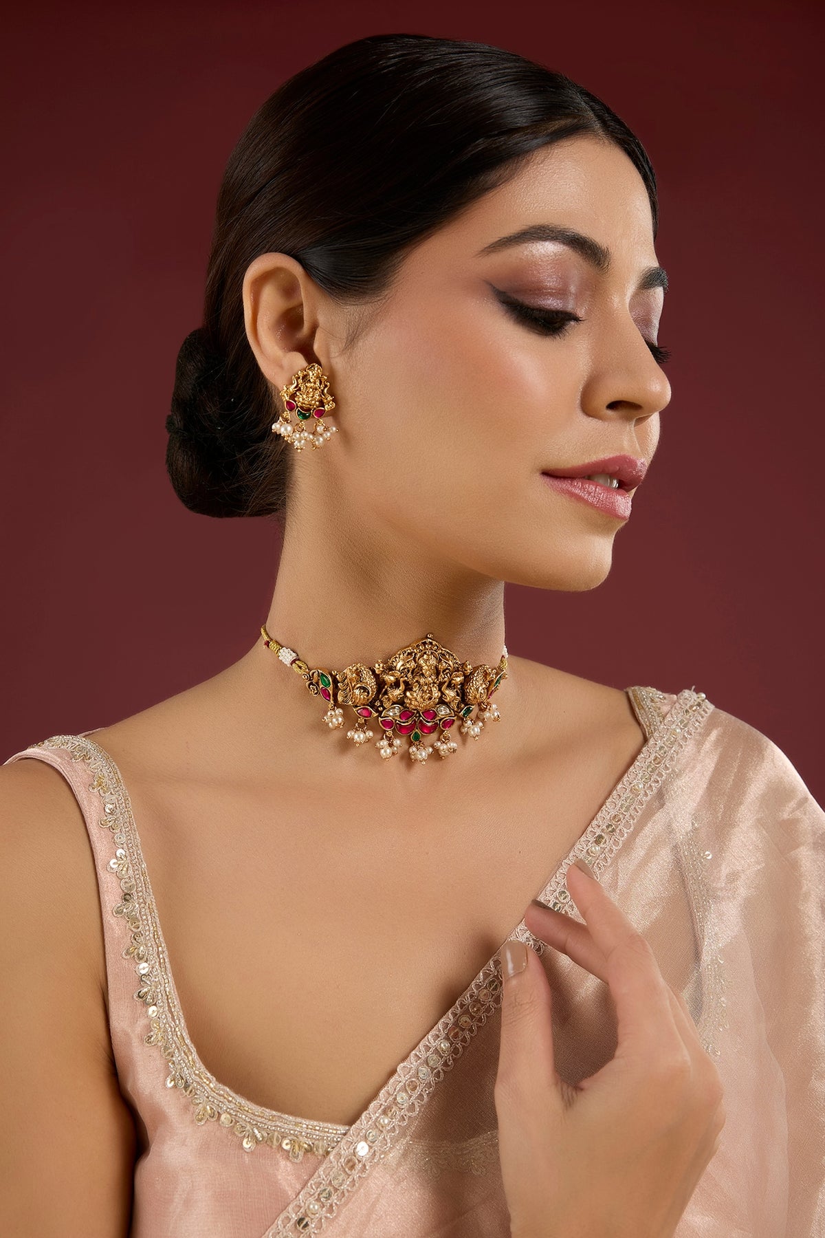 Gold Finish Pearl & Kundan Polki Temple Necklace Set