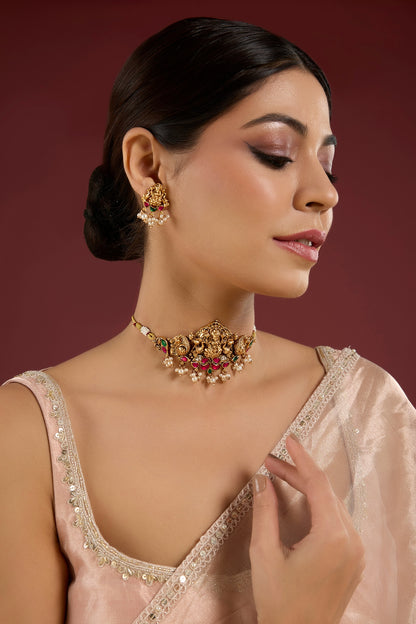 Gold Finish Pearl & Kundan Polki Temple Necklace Set