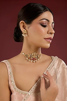 Gold Finish Pearl & Kundan Polki Temple Necklace Set