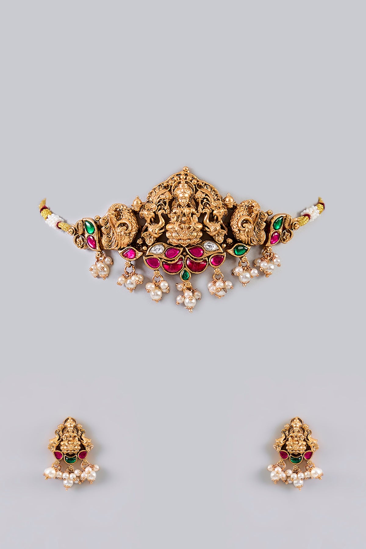Gold Finish Pearl & Kundan Polki Temple Necklace Set