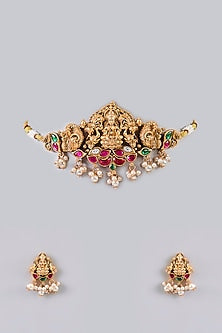 Gold Finish Pearl & Kundan Polki Temple Necklace Set