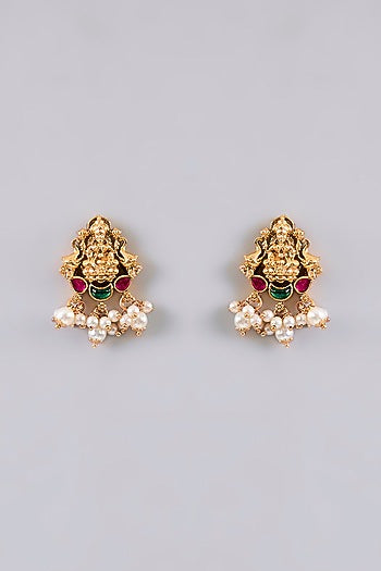 Gold Finish Pearl & Kundan Polki Temple Necklace Set