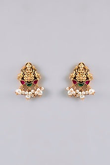 Gold Finish Pearl & Kundan Polki Temple Necklace Set